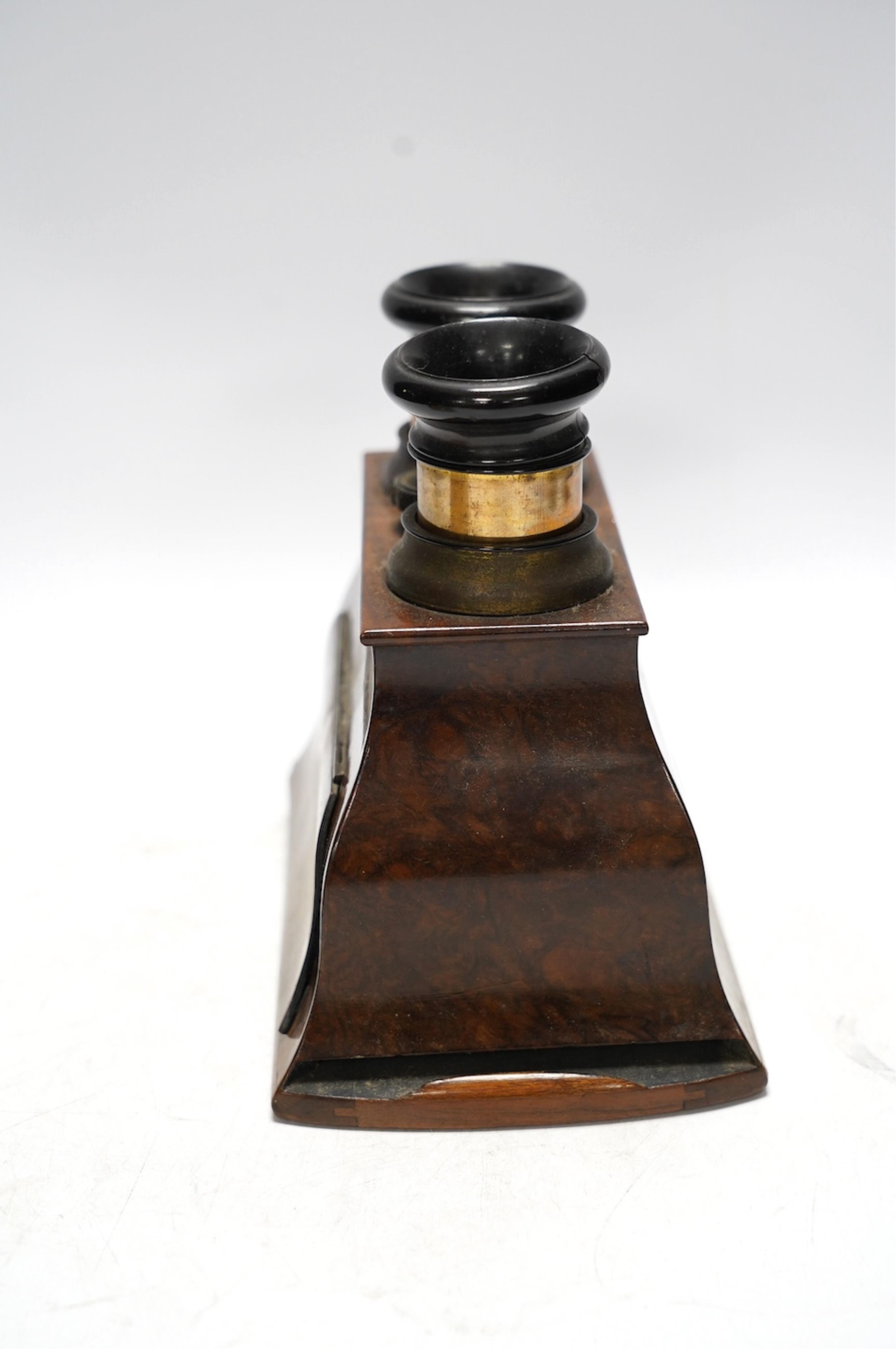 A late 19th century cased stereoscopic viewer together with topographical and other cards. Condition - fair